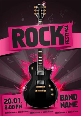 siyah gitar ve serin efektler ile vektör illüstrasyon pembe rock festivali el ilanı tasarım şablonu