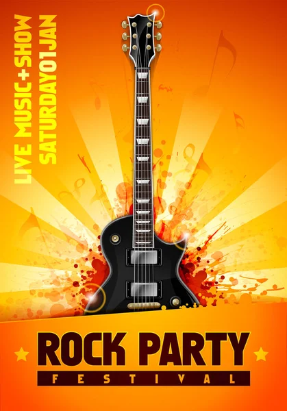 Vector illustratie oranje Rock Party flyer ontwerpsjabloon met zwarte gitaar en coole effecten — Stockvector