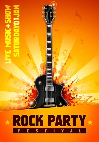 siyah gitar ve serin efektler ile vektör illüstrasyon turuncu rock parti el ilanı tasarım şablonu