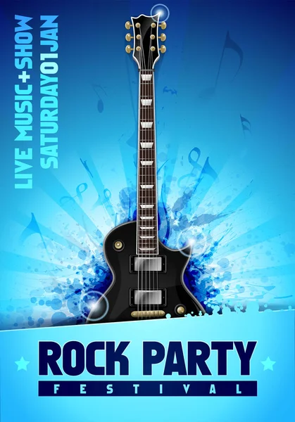 Векторная иллюстрация дизайн листовки голубой рок-вечеринки с черной гитарой и крутыми эффектами — стоковый вектор