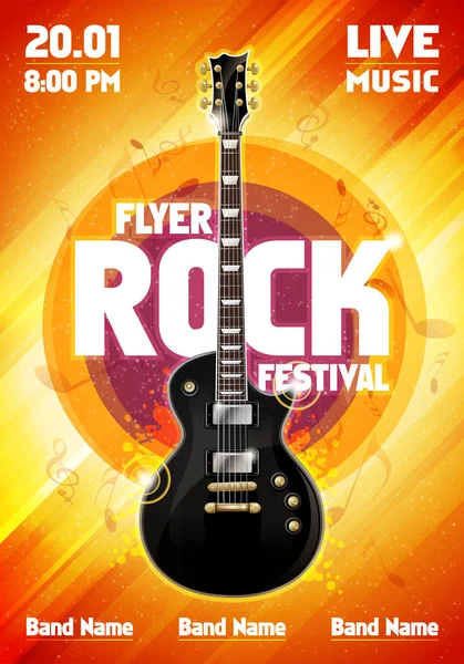 Векторный рок фестиваль флаер дизайн шаблон с гитарой — стоковый вектор
