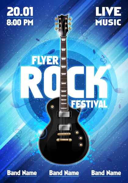 Vector illustration blue rock party flyer design template with black guitar and cool effects - Stok Vektor
