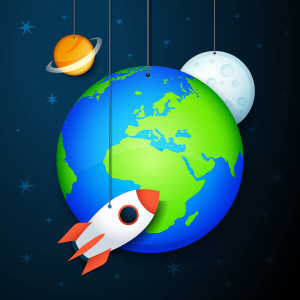 векторная иллюстрация Земля, Луна, планета и ракета
