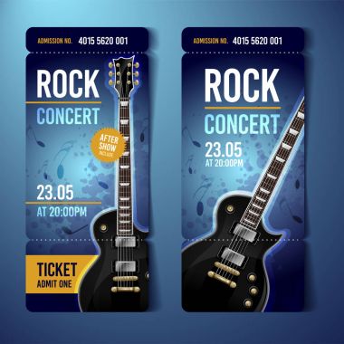 arka planda siyah gitar ve serin sıçrama efektleri ile vektör illüstrasyon mavi rock festivali konser bilet tasarım şablonu