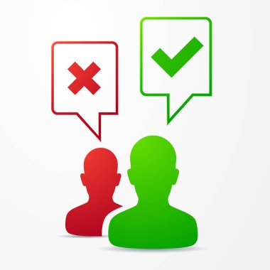 2 kişi konuşma balonları ile kırmızı / yeşil onay işareti