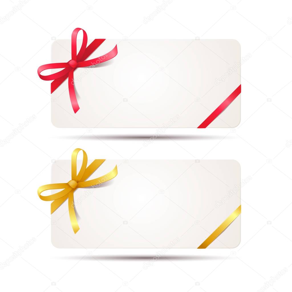 Gift card with red and golden ribbon and a bow on white background. Voucher template for design invitation and credit or discount card. Vector Illustration.