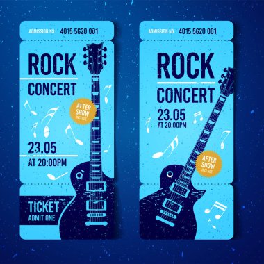 gitar ve grunge efektleri ile vektör illüstrasyon mavi rock konser festivali bilet tasarım şablonu