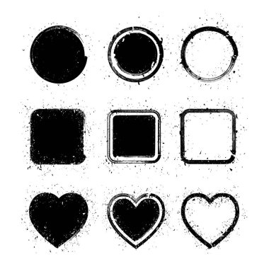 Boya fırça grunge soyut şekiller - daire, kare ve kalp, vektör çizim dokulu.