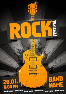vektör resimde siyah turuncu rock Festivali partisi el ilanı tasarım şablonu gitar, origami afiş ve serin sıçrama etkileri içinde belgili tanımlık geçmiş