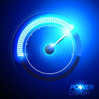 vector illustration of blue abstract car fuel power speedometer pushing to limit with cool engery glow effects. clipart
