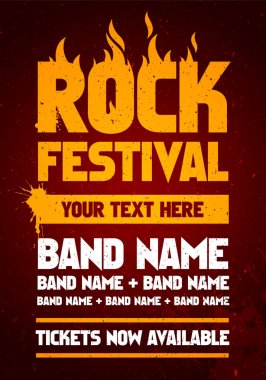 resimde turuncu rock Festivali vektör ve el ilanı tasarım şablonu metin, alevler ve serin sıçrama etkileri arka planda parti
