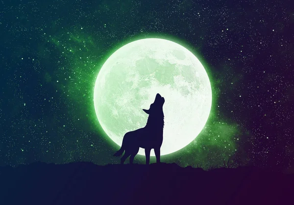 Concept silhouette of a wolf, werewolf standing in front of the moon at night and crying. The sky is dusty and full of stars.