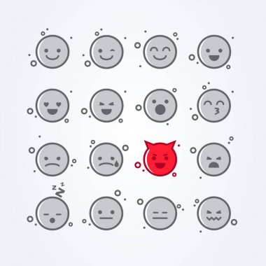 Vektör illüstrasyon soyut izole komik şirin düz stil emoji ifade simgesi ile farklı ruh halleri arka plan ayarla