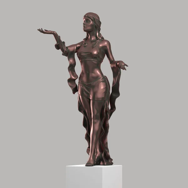 Koppar skulptur av en vacker ung kvinna med eleganta veck av kläder. 3D-rendering Stockfoto