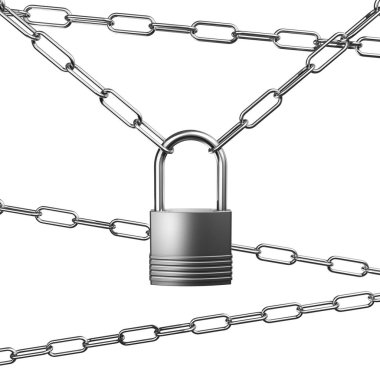 Metal gümüş veya çelik Zincirler ve beyaz arka plan üzerinde asma kilit