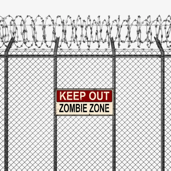 Silver or Steel Fence with Barbed Wire and Keep Out Sign