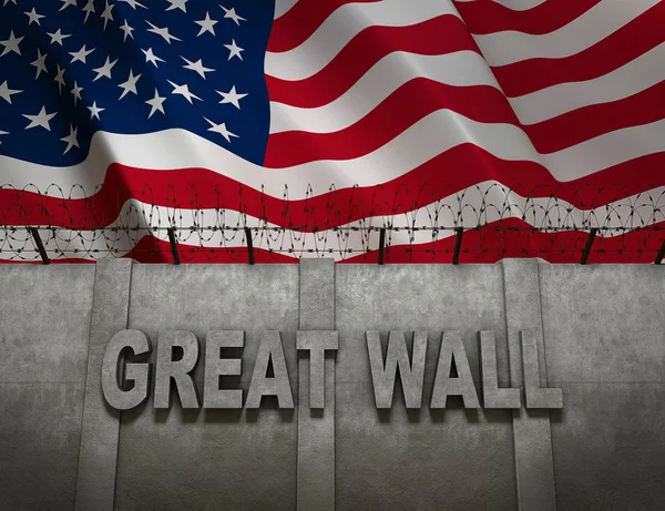 Great Border Wall between America and Mexico with Flag of the United States of America 3D rendering