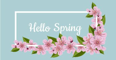 Yatay bahar başlık çerçevesi ile gerçekçi pembe kiraz çiçek