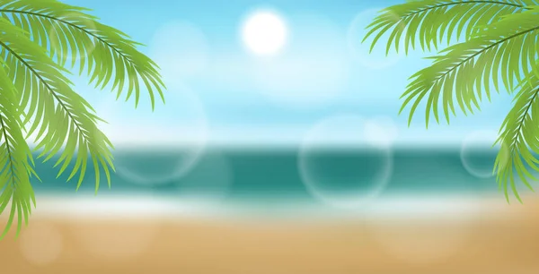 Strandhintergrund mit Palmenblättern und Meer — Stockvektor