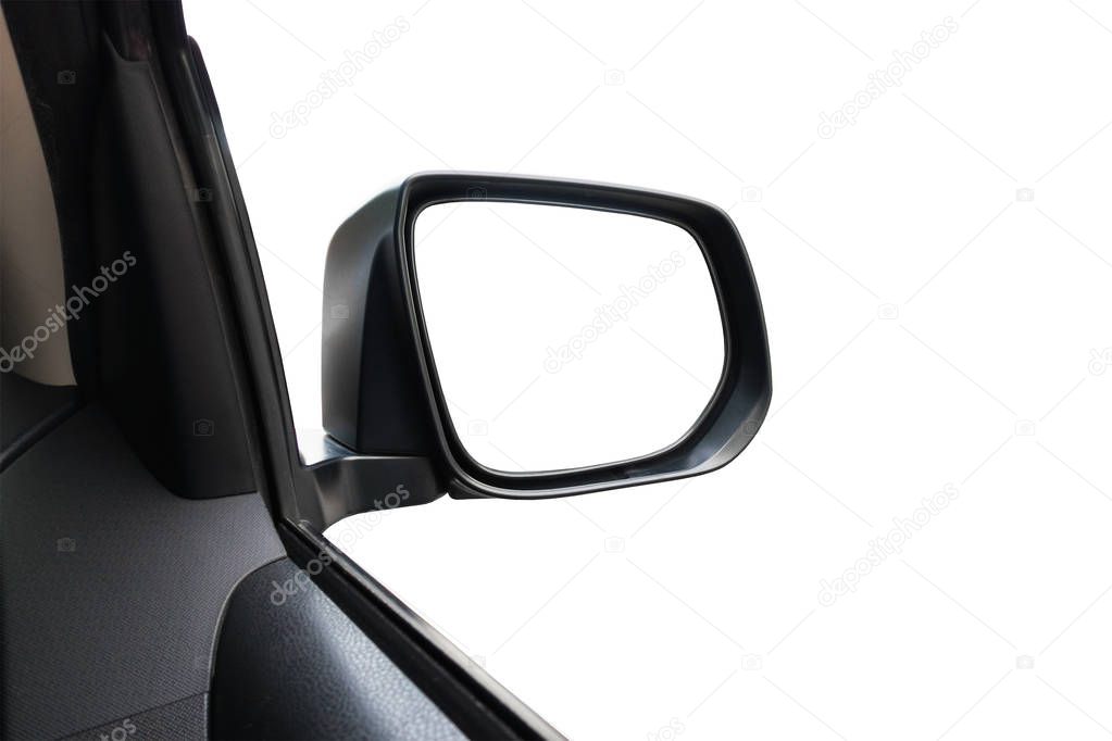 side rear-view mirror on a car with white background