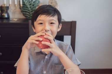 Yemek odasında yemek yemek için gülümseyen ve elma tutan Asyalı çocuk.