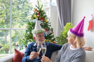 Yaşlı, beyaz, yaşlı bir adam ve elinde bir bardak Cham tutan bir kadın.