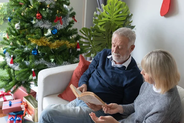 Senioren kaukasischen alten Mann und Frau lesen Buch und sitt lizenzfreie Stockbilder