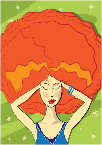 Young woman lying on a meadow and dreaming — Stock Vector