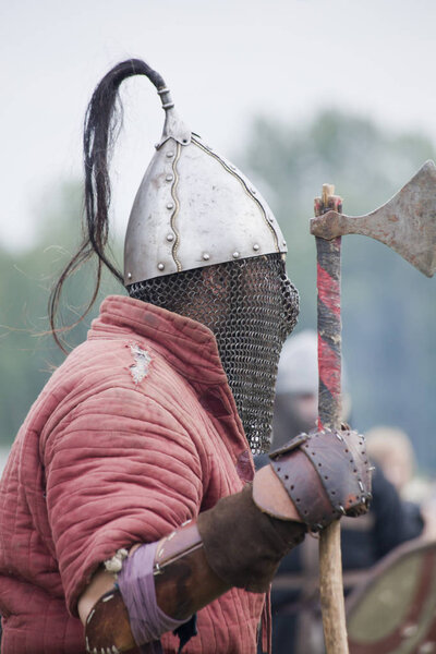 DROHICZYN, POLAND, July 8:  Medieval warriors during the fight on Vikings, Baltics and Slavic warriors meeting on July 8,  2017 in Drohiczyn, Poland.