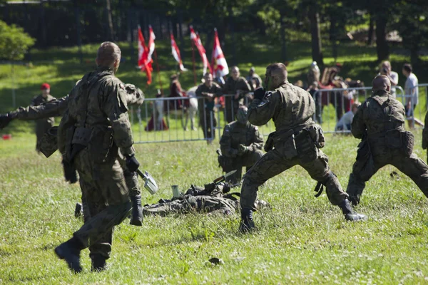 Soldaten op de slag bij inscenisation op militaire picknick — Stockfoto