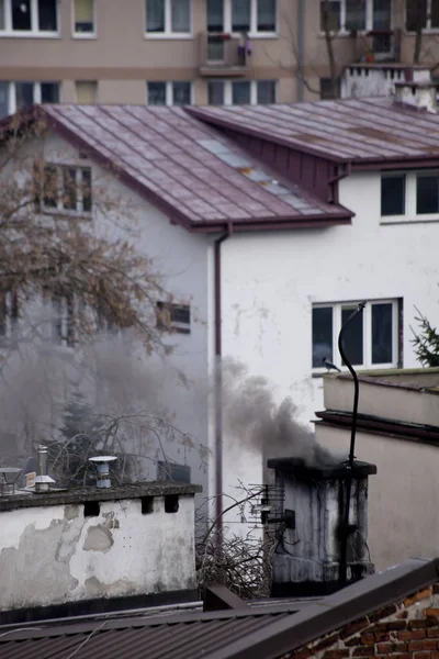 Air Pollution View Roofs Chimneys Dark Smoke — Stock Photo, Image