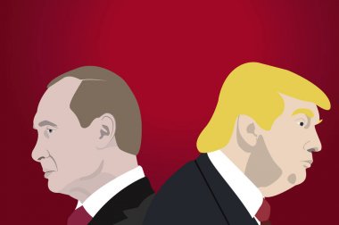 5 Şubat 2018: Donald Trump, ABD Başkanı ve Vladimir Putin, Rusya cumhurbaşkanı portreleri bir çizimi