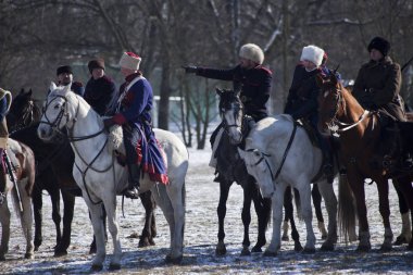 Varşova, Polonya, Februar 24: Sırasında yıllık canlandırma, savaş, Olszynka Grochowska 1831 - Polonya ve Rusya - arasında bir savaş üzerinde 24 Şubat 2018, Varşova, Polonya Reenactors.