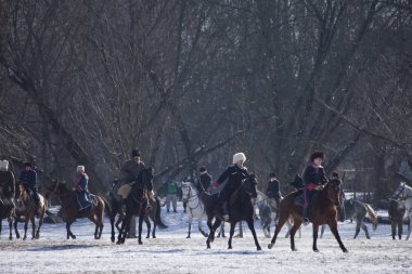 Varşova, Polonya, Februar 24: Sırasında yıllık canlandırma, savaş, Olszynka Grochowska 1831 - Polonya ve Rusya - arasında bir savaş üzerinde 24 Şubat 2018, Varşova, Polonya Reenactors.