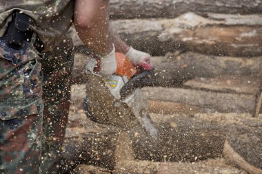 Oduncu bir testere ile çalışma