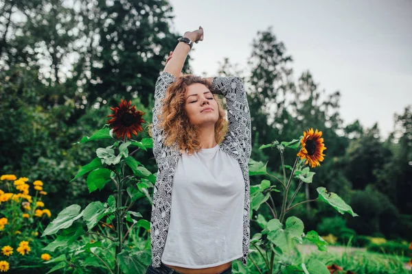 Mañana en un jardín de girasoles — Foto de Stock