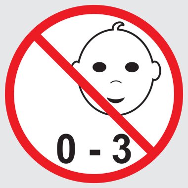 3 yıl simgesi altında çocuklar için uygun değildir. Beyaz arka plan, uyarı işareti, vektör illüstrasyon izole kırmızı daire, bir çocuk silüeti.