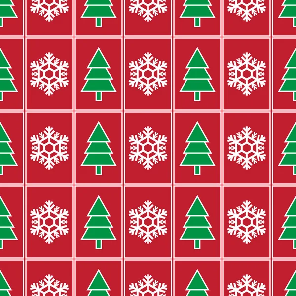 Weihnachtsbäume und Schneeflocken auf rotem Hintergrund. — Stockvektor