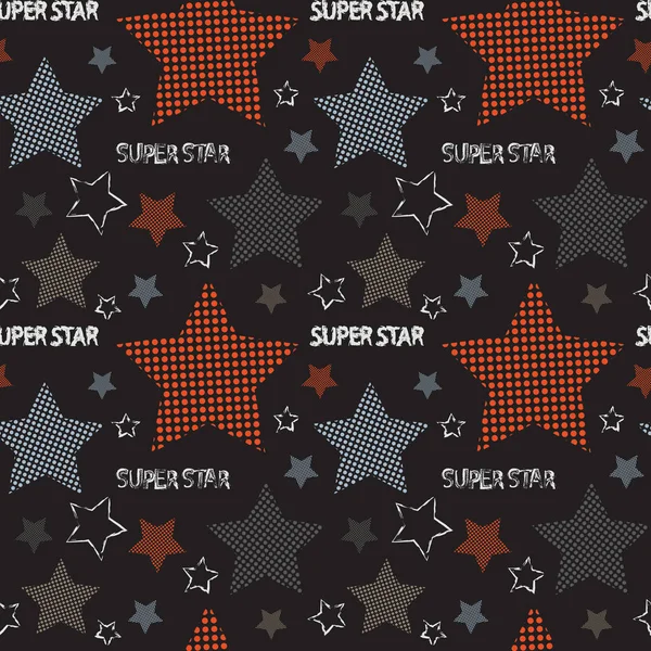 Verschiedene Sterne auf schwarzem Hintergrund. nahtloses Muster. — Stockvektor