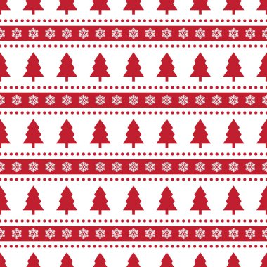 Noel ağaçları ve kar taneleri. Kırmızı ve beyaz renklerde seamless modeli.