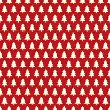 Kırmızı zemin üzerine beyaz Noel ağacı. Sorunsuz vektör arka plan. Noel kartı, ambalaj kağıdı, duvar kağıdı.