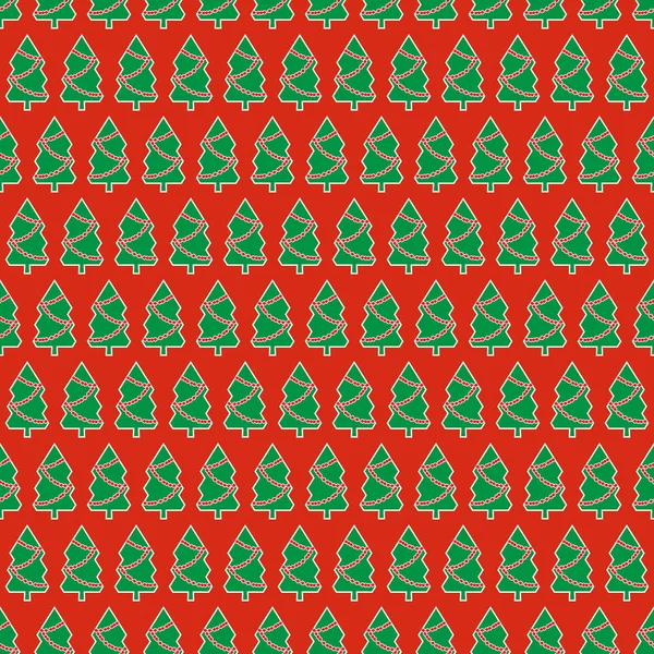 赤の背景に花輪とグリーンのクリスマス ツリー 明るいクリスマスのテクスチャです 包装紙 その他 テキスタイル デザインで役に立つ — ストックベクタ