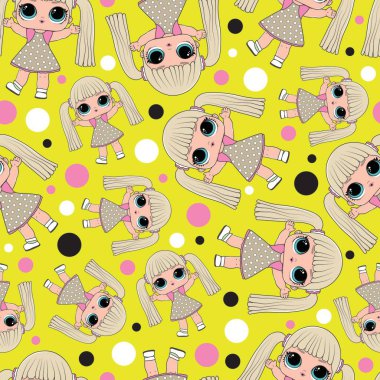 Oyuncak bebekleri ve noktaları olan parlak, pürüzsüz bir arkaplan.