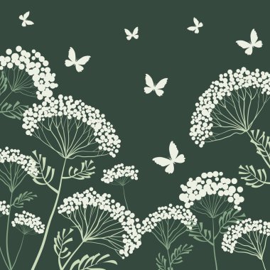 Kelebek ve kelebekler koyu yeşil arka planda. Kartpostal, poster, geçmiş vesaire..