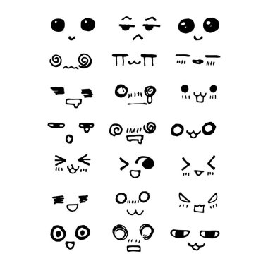 Kawai doodle yüzler seti