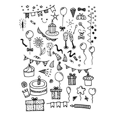 Doodle öğeleri ve şeyler için doğum günü