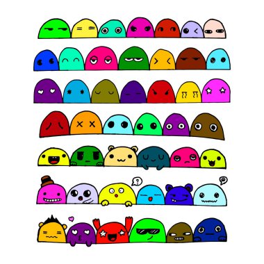 Kawai doodle yüzler seti