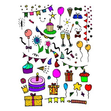 Doodle öğeleri ve şeyler için doğum günü