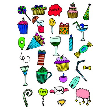 Doodle öğeleri ve şeyler için doğum günü
