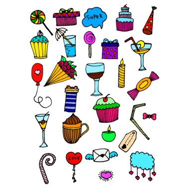 Doodle öğeleri ve şeyler için doğum günü
